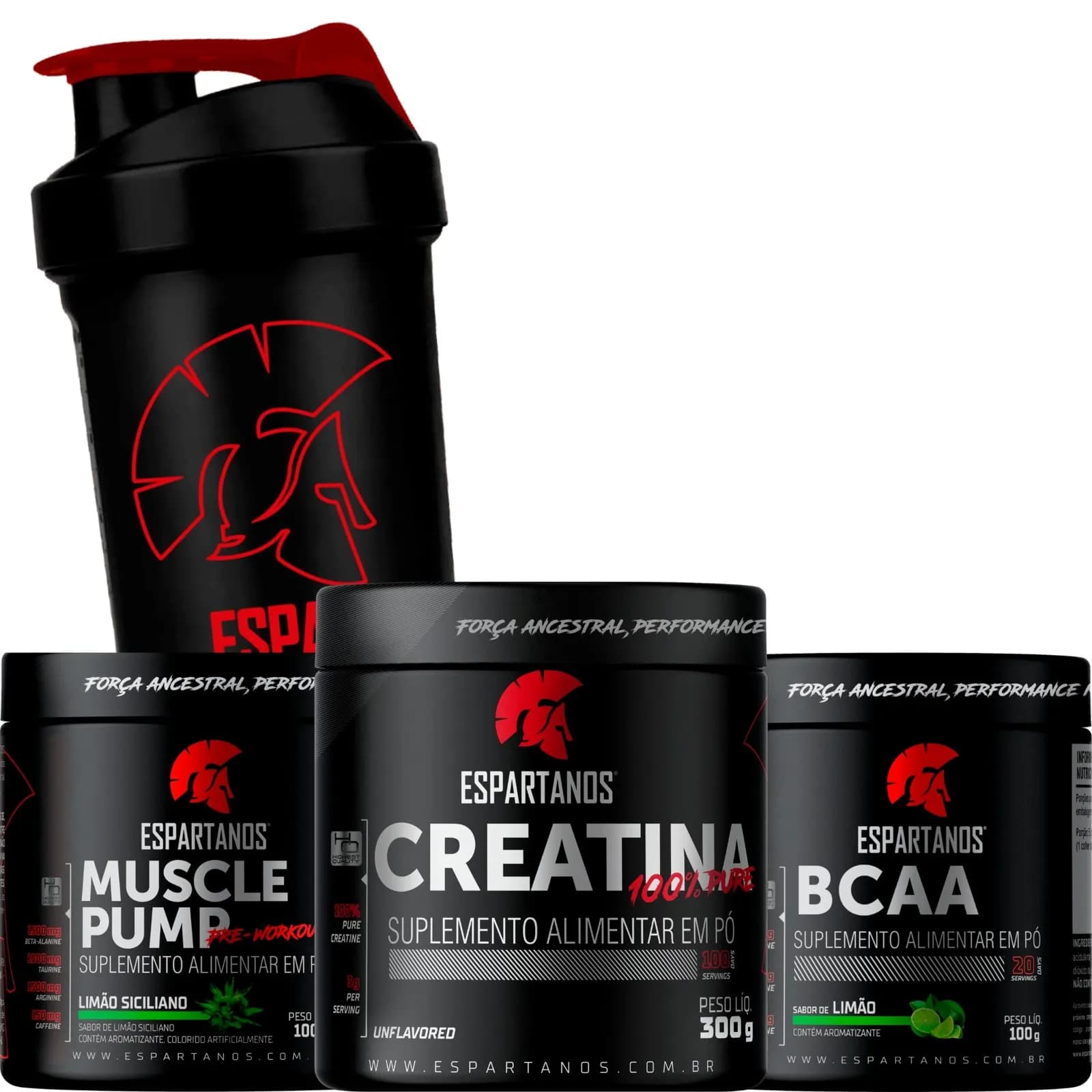 Creatina + Bcca + Pré-Treino Limão + Shaker - ESPARTANOS