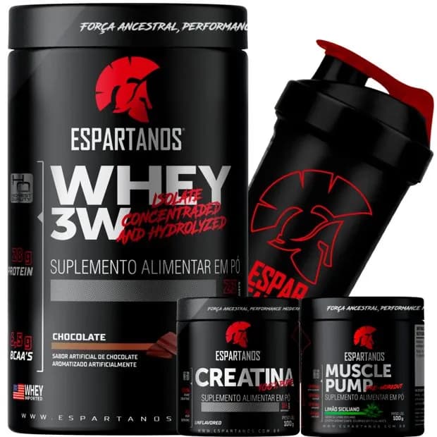 Whey Protein 3W + Creatina + Pré-Treino + Shaker - ESPARTANOS