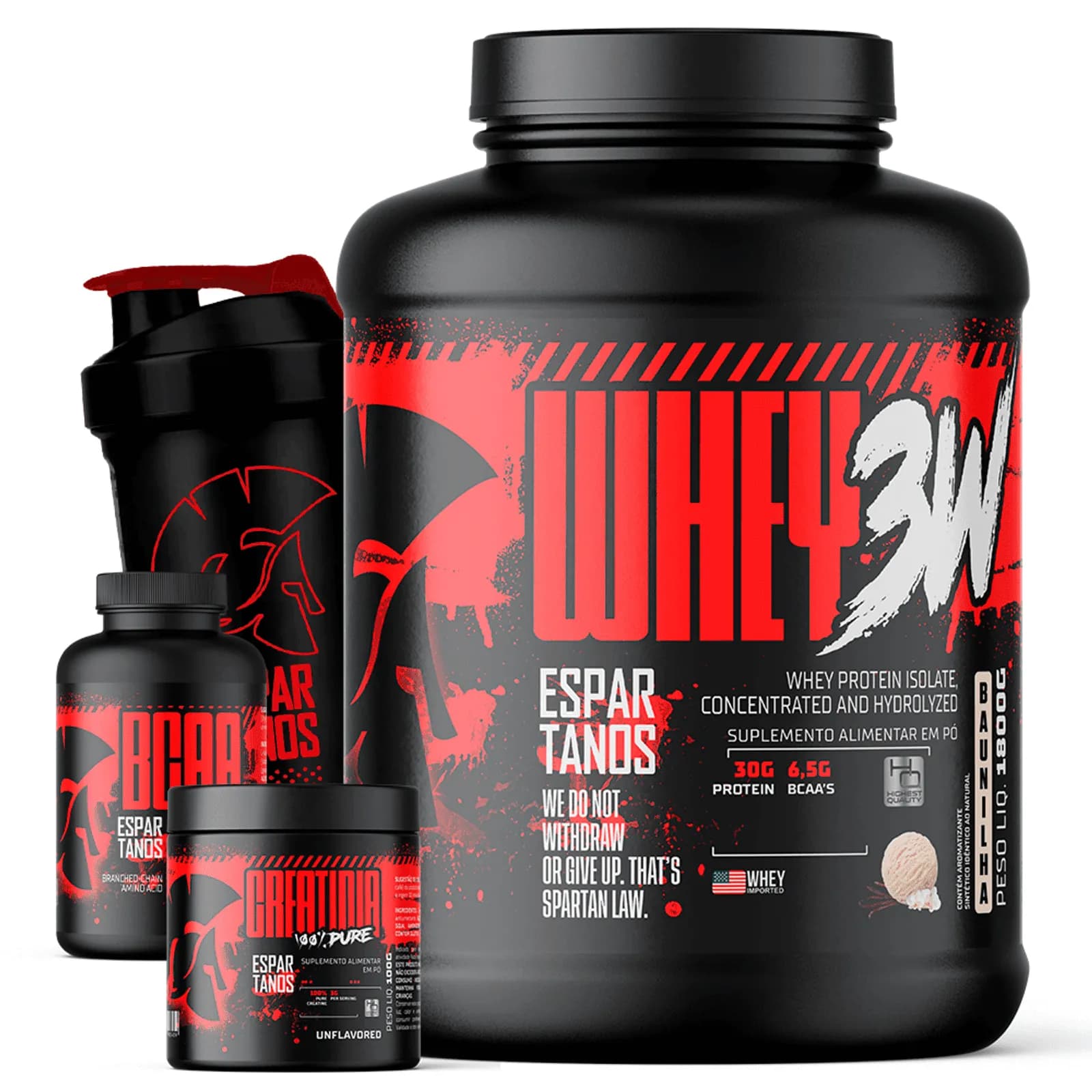 Kit Whey Protein 3w 1,8Kg + Bcaa + Creatina + Shaker - Espartanos