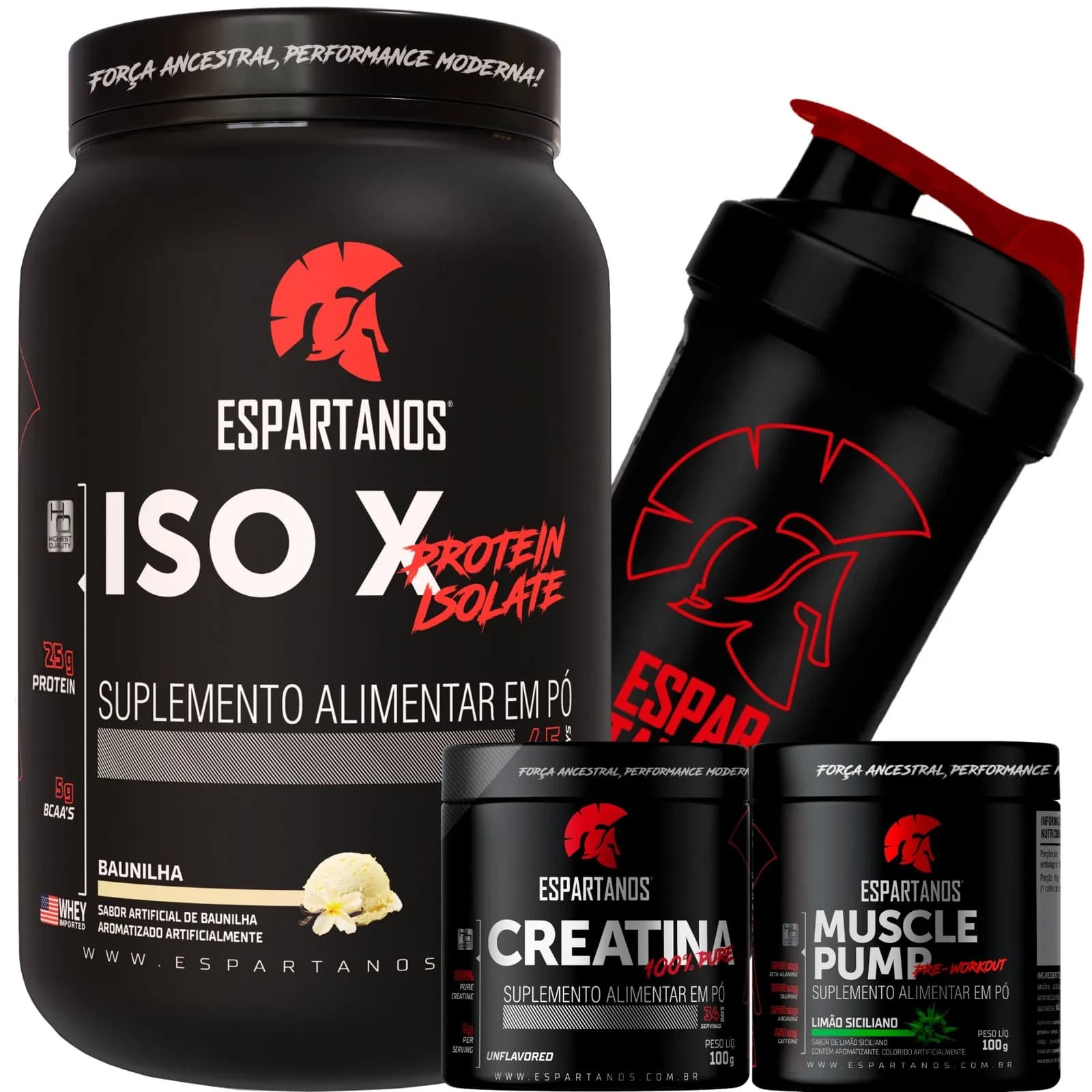 Whey Protein ISO X + Creatina + Pré-Treino + Shaker - ESPARTANOS