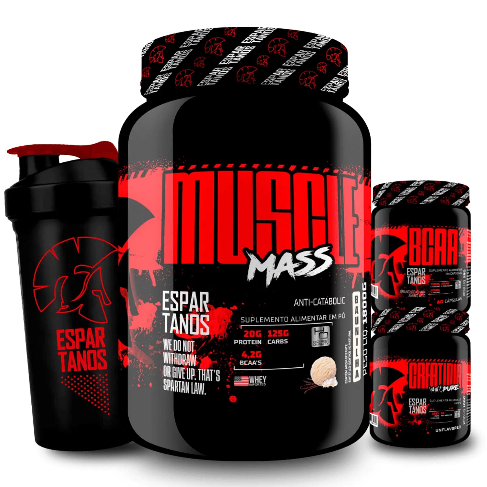 Muscle Mass 1,8kg + Bcaa + Creatina + Shaker - Espartanos